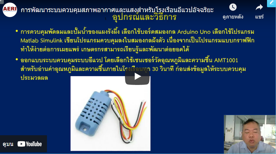 การพัฒนาระบบควบคุมสภาพอากาศและแสงสำหรับโรงเรือนอีแวปอัจฉริยะ