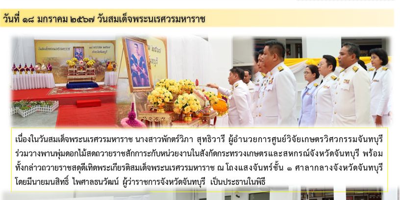 ผู้อำนวยการศูนย์วิจัยเกษตรวิศวกรรมจันทบุรีร่วมวางพานพุ่มดอกไม้สดถวายราชสักการะพร้อมกล่าวถวายราชสดุดีเทิดพระเกียรติสมเด็จพระนเรศวรมหาราช