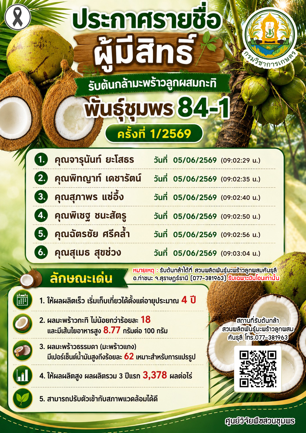 ประกาศรายชื่อผู้มีสิทธิ์รับต้นกล้ามะพร้าวลูกผสมกะทิ พันธุ์ชุมพร 84-1  ครั้งที่ 1/2569