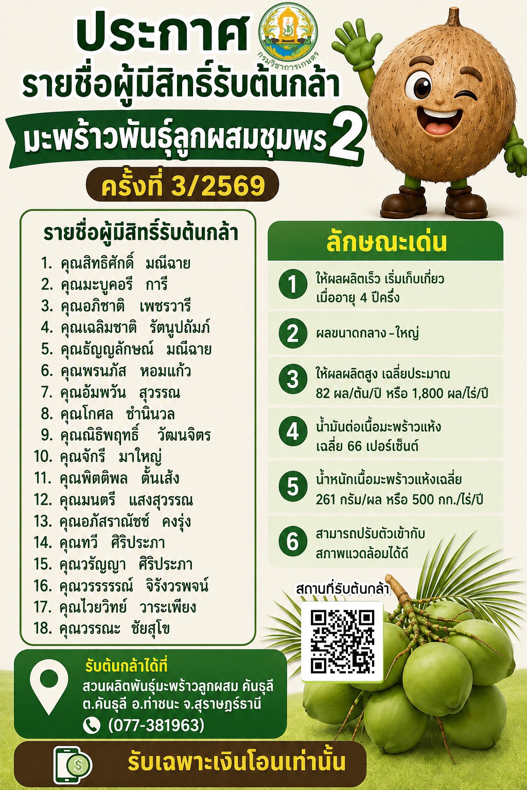 ประกาศรายชื่อผู้มีสิทธิ์รับต้นกล้ามะพร้าวลูกผสม พันธุ์ชุมพร 2  ครั้งที่ 3/2569