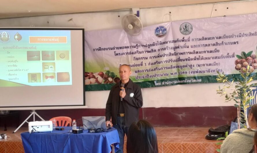 ถ่ายทอดความรู้ เรื่อง การปรับเปลี่ยนชนิดพืชให้เหมาะสมกับพื้นที่ และการส่งเสริมการผลิตพืชมูลค่าสูง (มะคาเดเมีย)