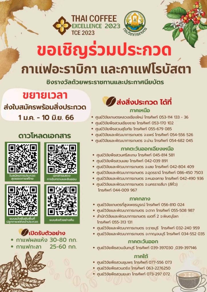ประกาศเพิ่มเติม การประกวดสุดยอดกาแฟไทย ปี 2566