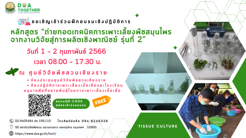 ขอเชิญเข้าร่วมอบรมเชิงปฏิบัติการ หลักสูตร  “ถ่ายทอดเทคนิคการเพาะเลี้ยงพืชสมุนไพร จากงานวิจัยสู่การผลิตเชิงพาณิชย์ รุ่นที่ 2”