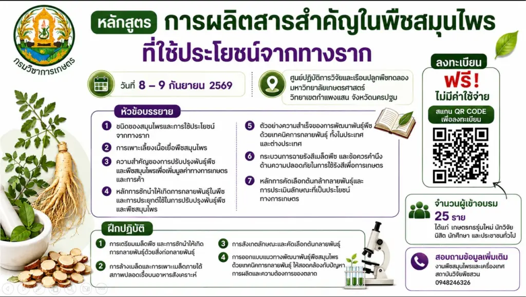 เปิดรับสมัครการอบรม หลักสูตร การผลิตสารสำคัญในพืชสมุนไพรที่ใช้ประโยชน์จากทางราก