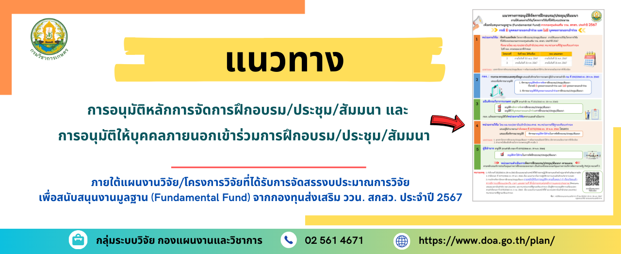 แนวทางการอนุมัติหลักการจัดการฝึกอบรม/ประชุม/สัมมนา และ การอนุมัติให้บุคคลภายนอกเข้าร่วมการฝึกอบรม/ประชุม/สัมมนาภายใต้แผนงานวิจัย/โครงการวิจัยที่ได้รับการจัดสรรงบประมาณการวิจัยเพื่อสนับสนุนงานมูลฐาน (Fundamental Fund) จากกองทุนส่งเสริม ววน. สกสว. ประจำปี 2567