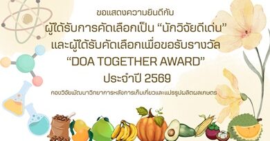 ขอแสดงความยินดีกับผู้ได้รับการคัดเลือกเป็น “นักวิจัยดีเด่น” และผู้ได้รับคัดเลือกเพื่อขอรับรางวัล “DOA TOGETHER AWARD” ประจำปี 2569 ของกองวิจัยพัฒนาวิทยาการหลังการเก็บเกี่ยวและแปรรูปผลิตผลเกษตร