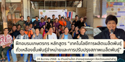 ฝึกอบรมเกษตรกร หลักสูตร “เทคโนโลยีการผลิตเมล็ดพันธุ์ถั่วเหลืองชั้นพันธุ์จำหน่ายและการปรับปรุงสภาพเมล็ดพันธุ์”