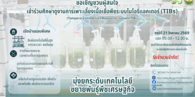 ขอเชิญชวนผู้สนใจ เข้าร่วมศึกษาดูงานการเพาะเลี้ยงเนื้อเยื่อพืชระบบไบโอรีแอคเตอร์ (TIBs) มุ่งยกระดับเทคโนโลยีขยายพันธุ์พืชเศรษฐกิจ